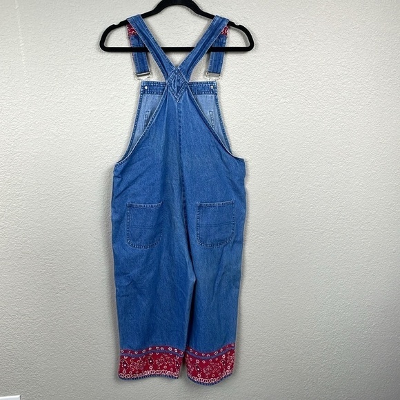 Vintage Agapo Cropped Denim Overalls Red Paisley Bandana Trim Ranch Western Sz M - Picture 4 of 9